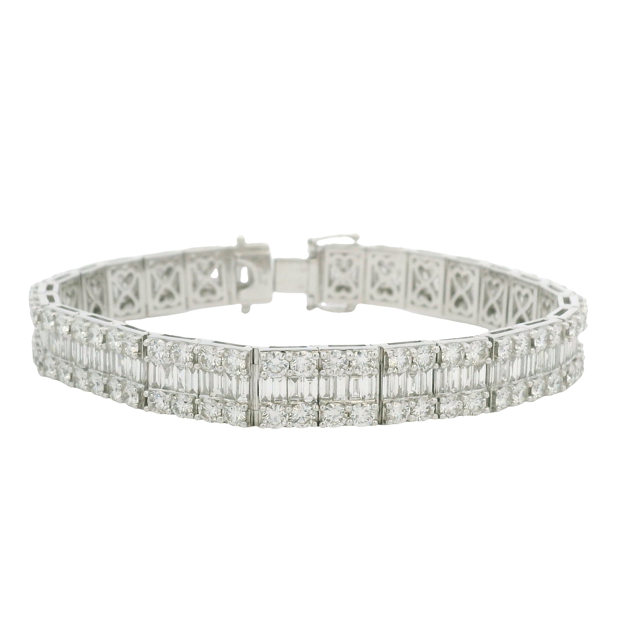 18K White Gold Natural Baguette & Round Diamonds 3-Row Bracelet