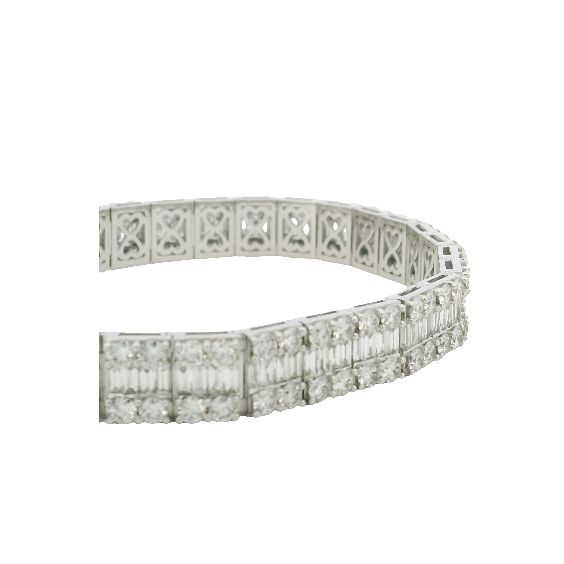 18K White Gold Natural Baguette & Round Diamonds 3-Row Bracelet