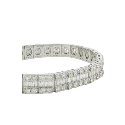 18K White Gold Natural Baguette & Round Diamonds 3-Row Bracelet