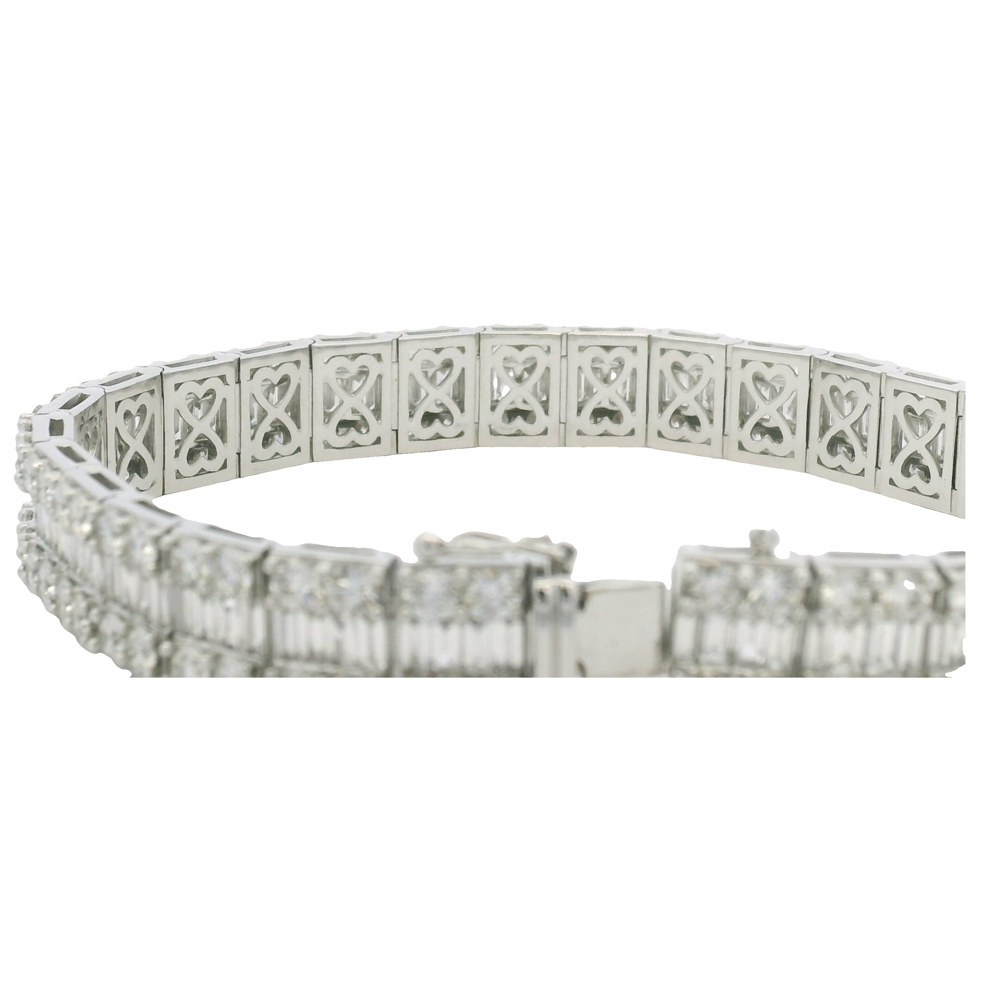 18K White Gold Natural Baguette & Round Diamonds 3-Row Bracelet