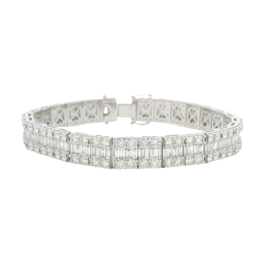 18K White Gold Natural Baguette & Round Diamonds 3-Row Bracelet