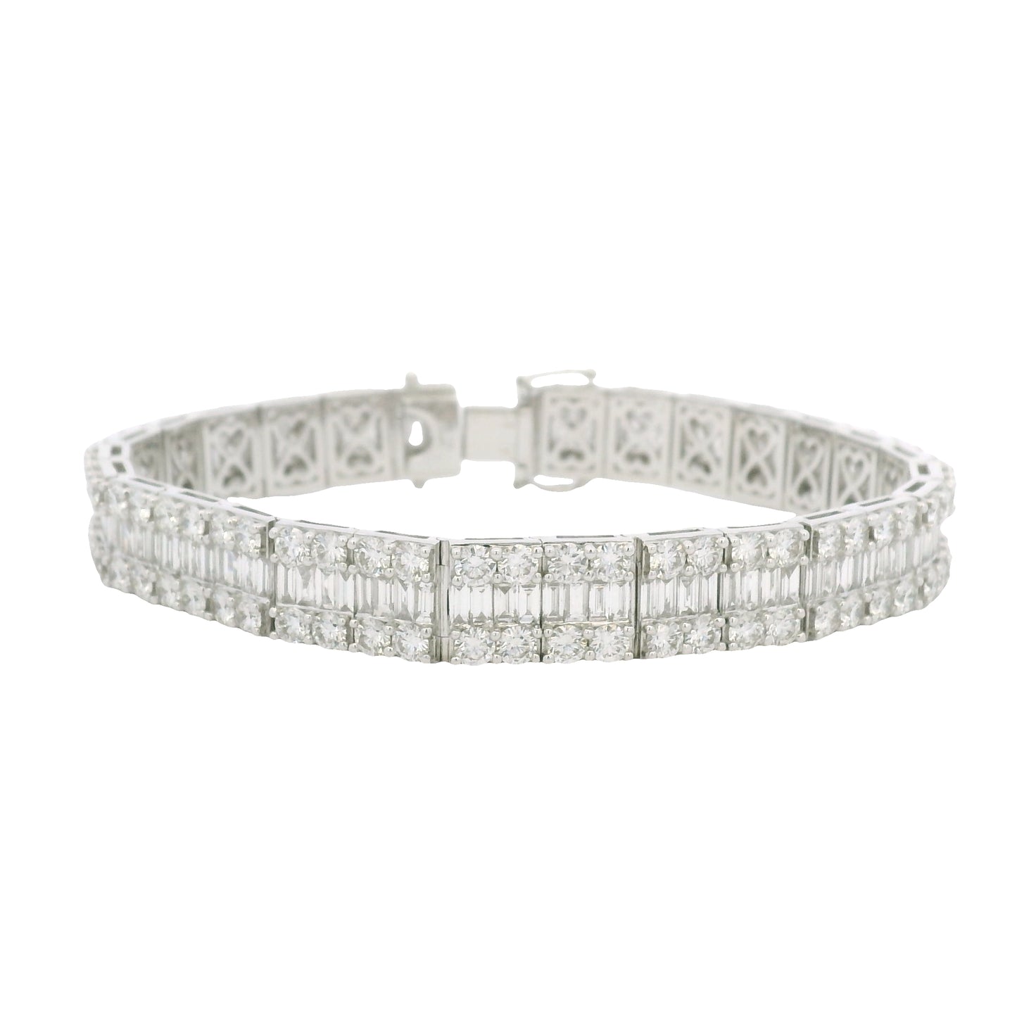 18K White Gold Natural Baguette & Round Diamonds 3-Row Bracelet