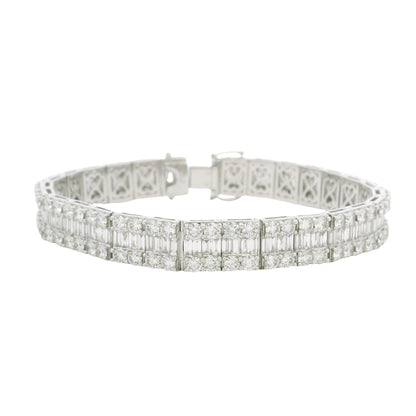 18K White Gold Natural Baguette & Round Diamonds 3-Row Bracelet