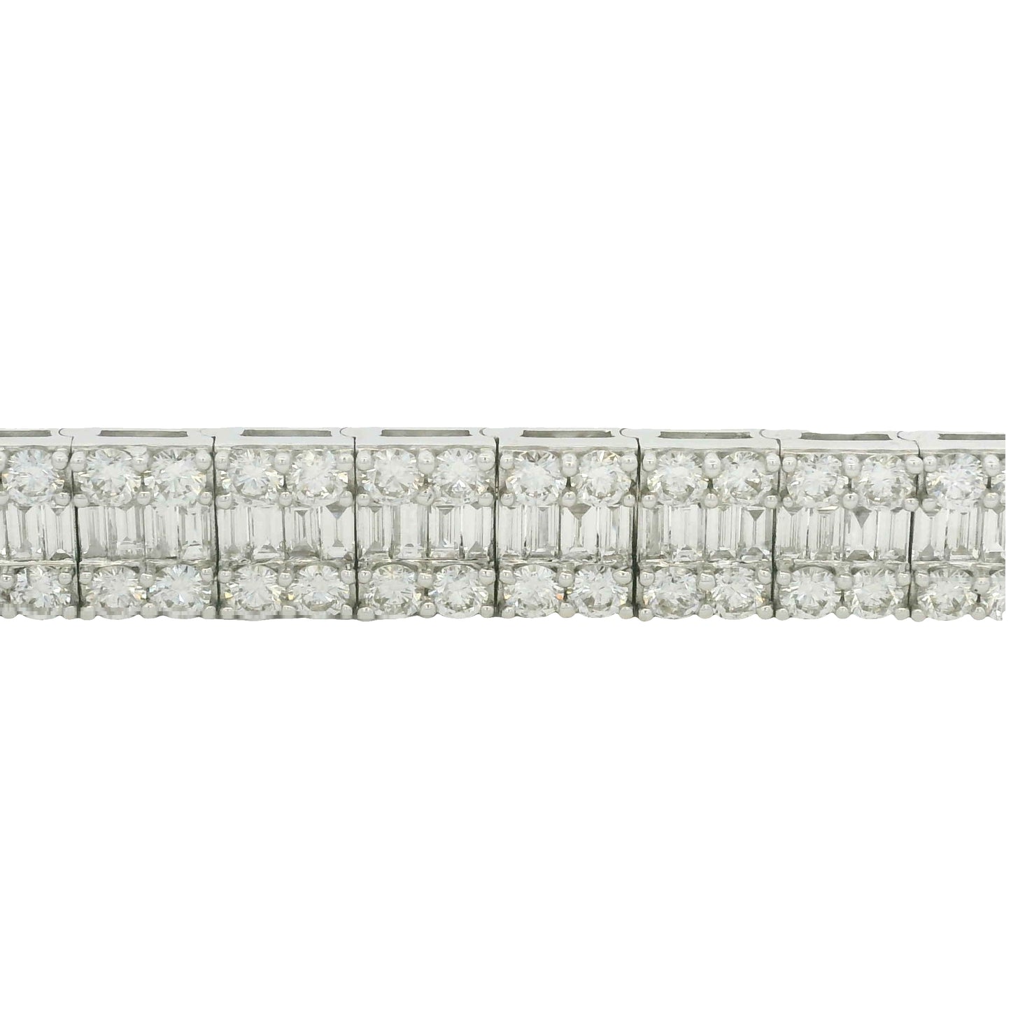 18K White Gold Natural Baguette & Round Diamonds 3-Row Bracelet