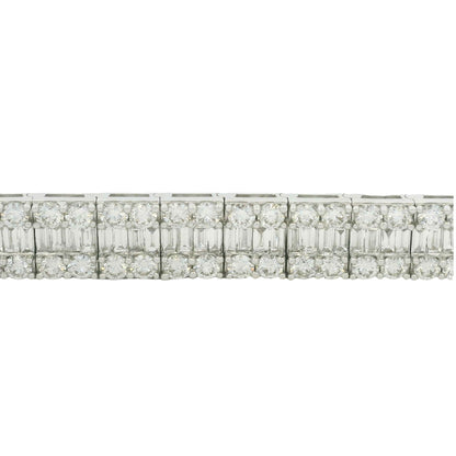 18K White Gold Natural Baguette & Round Diamonds 3-Row Bracelet