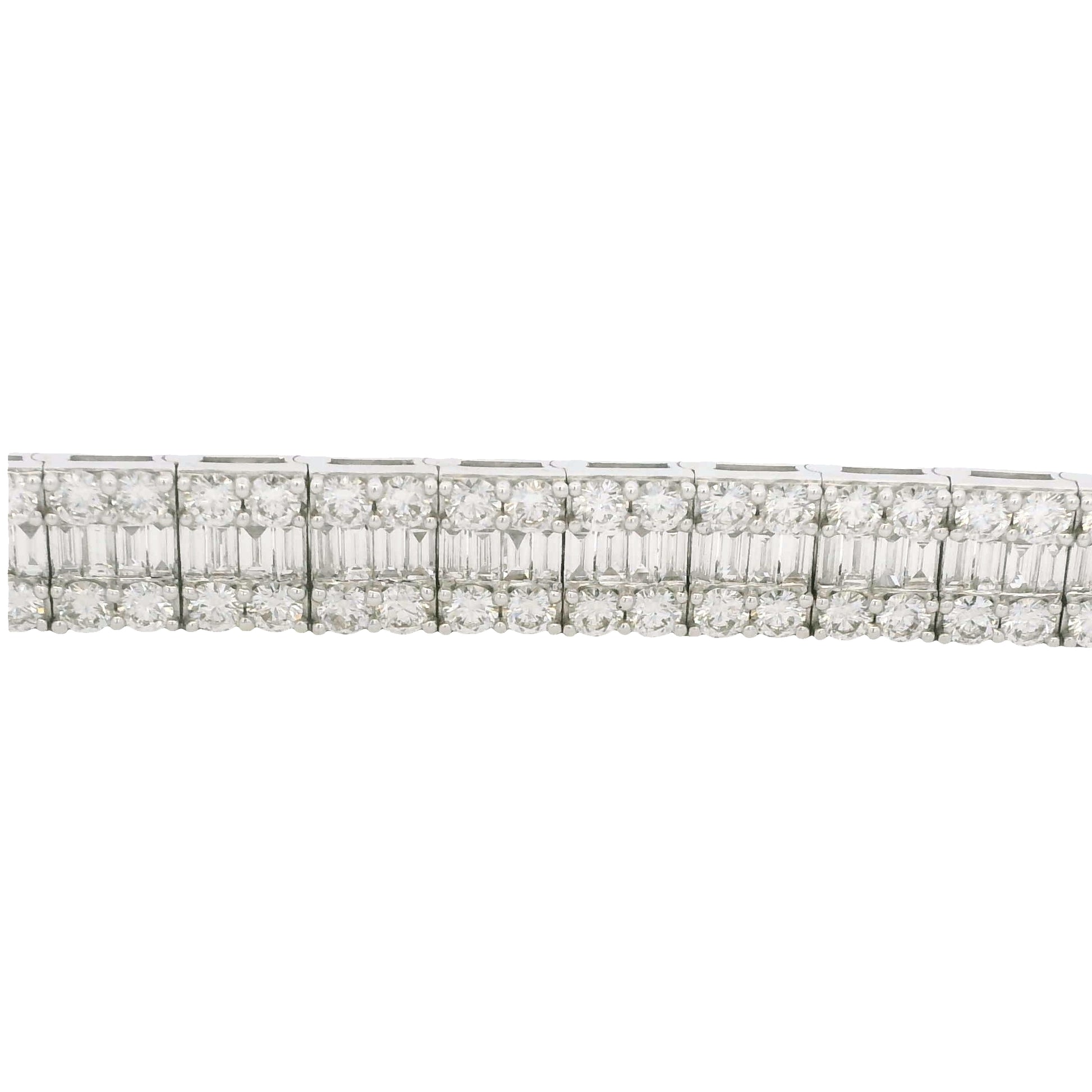 18K White Gold Natural Baguette & Round Diamonds 3-Row Bracelet