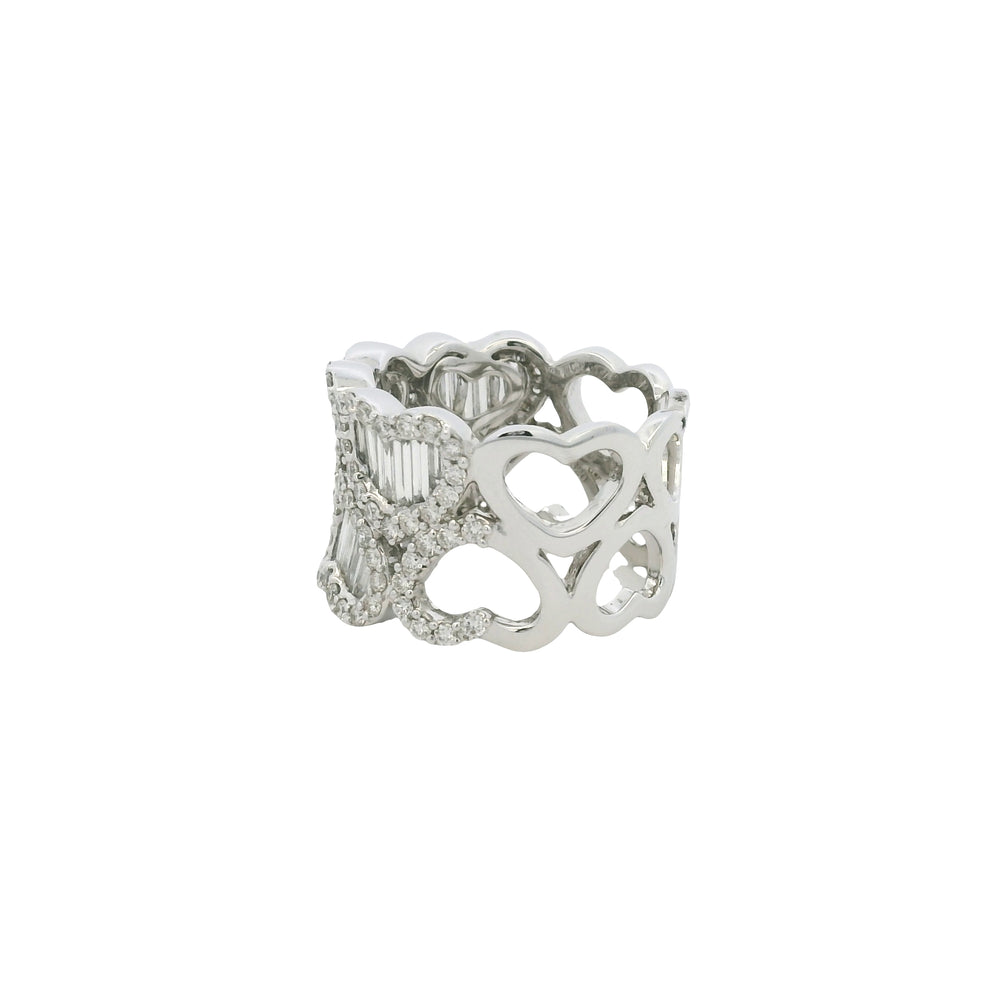 18K White Gold Natural Baguette & Round Brilliant Diamond Mosaic Heart Ring