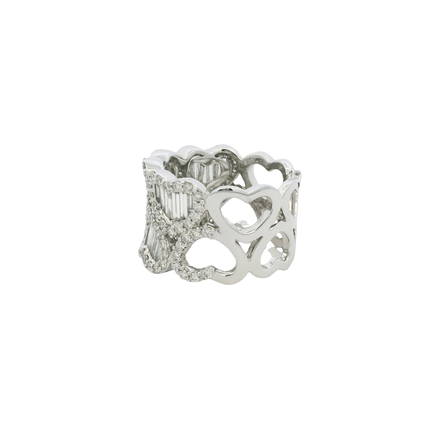 18K White Gold Natural Baguette & Round Brilliant Diamond Mosaic Heart Ring