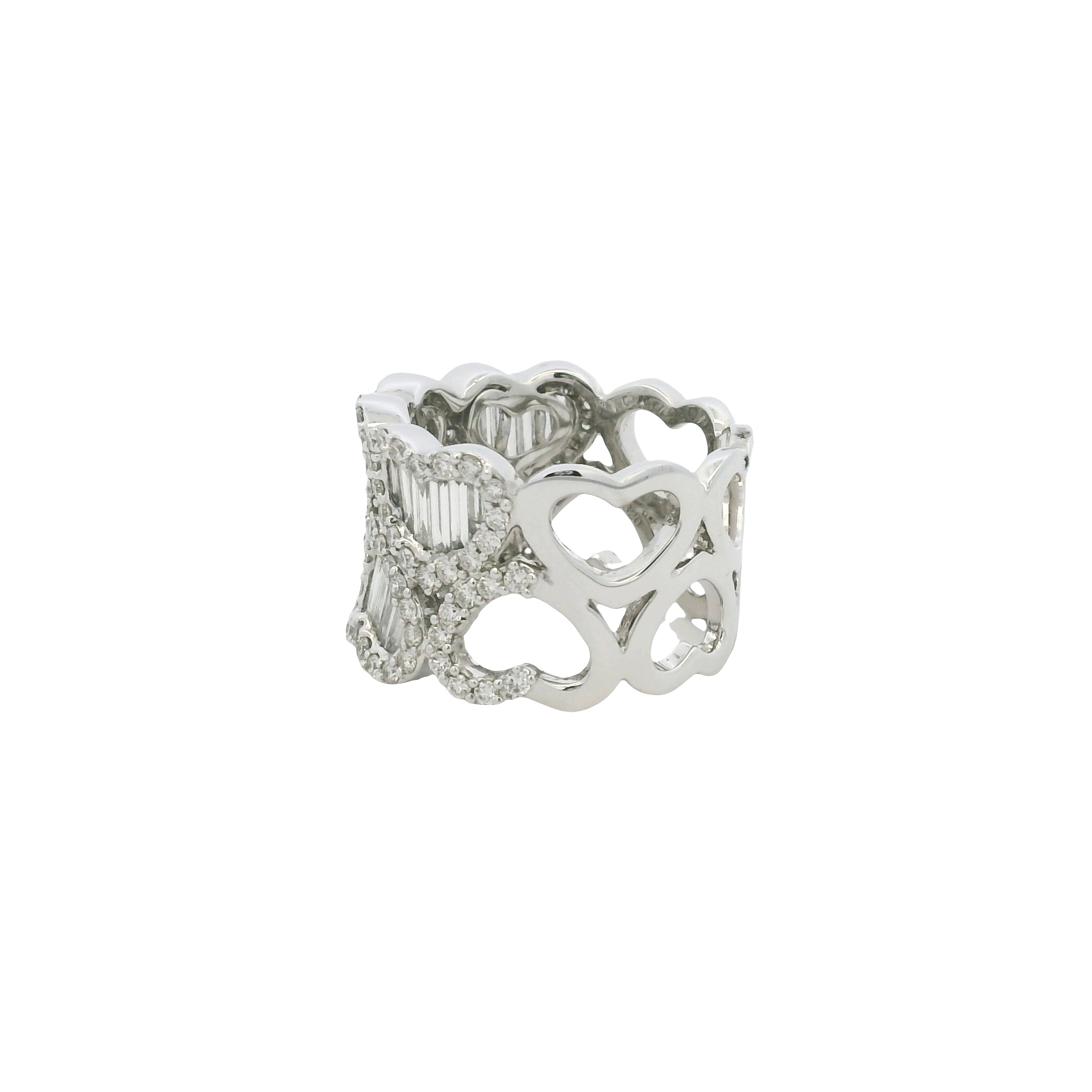 18K White Gold Natural Baguette & Round Brilliant Diamond Mosaic Heart Ring