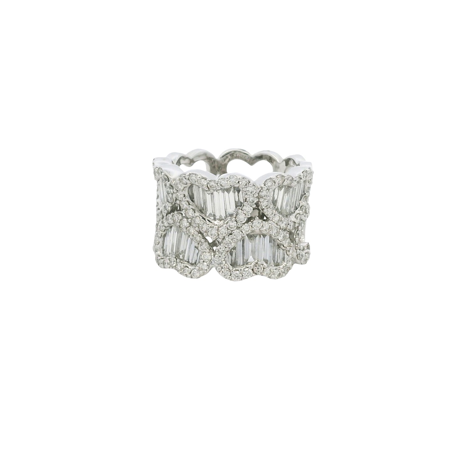 18K White Gold Natural Baguette & Round Brilliant Diamond Mosaic Heart Ring