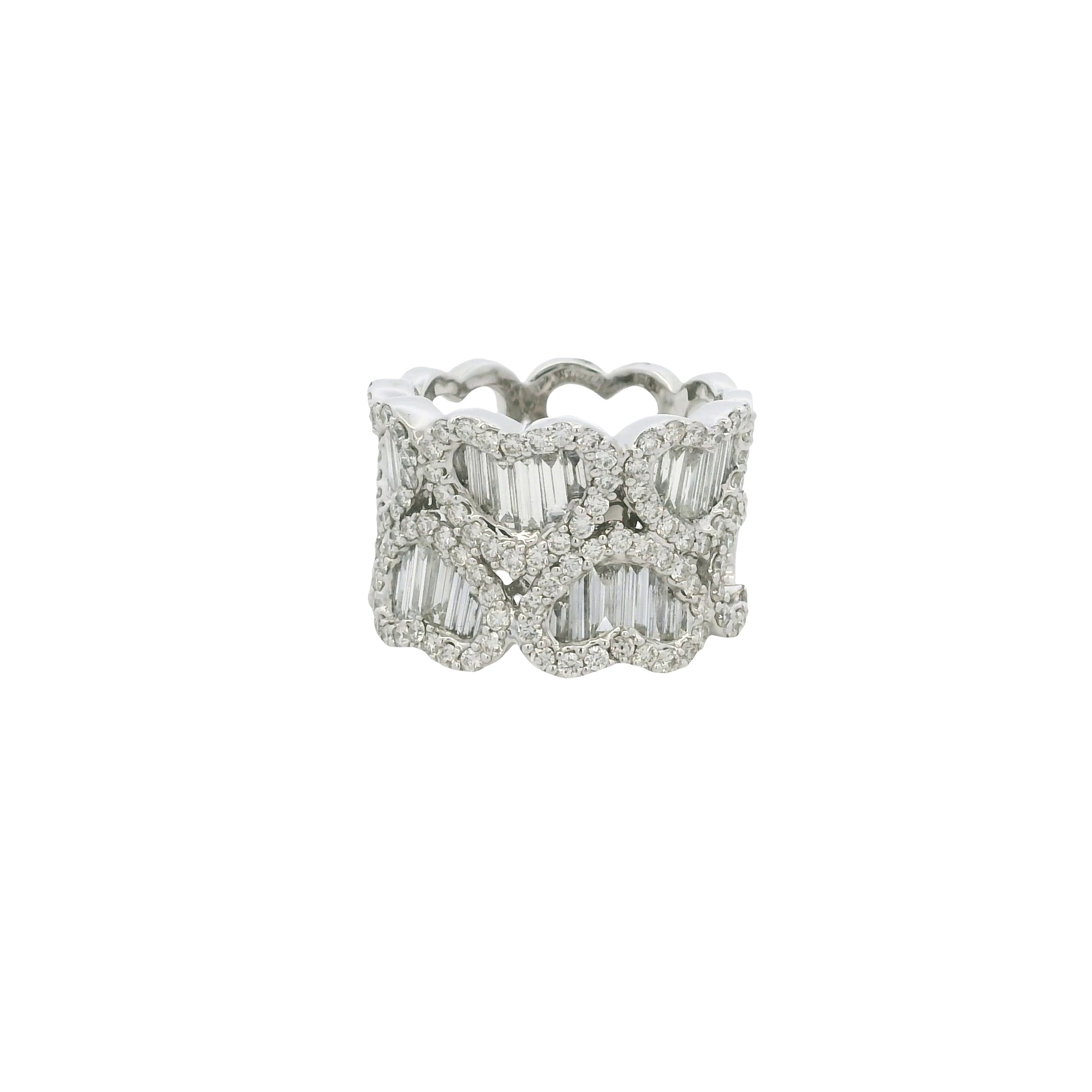 18K White Gold Natural Baguette & Round Brilliant Diamond Mosaic Heart Ring