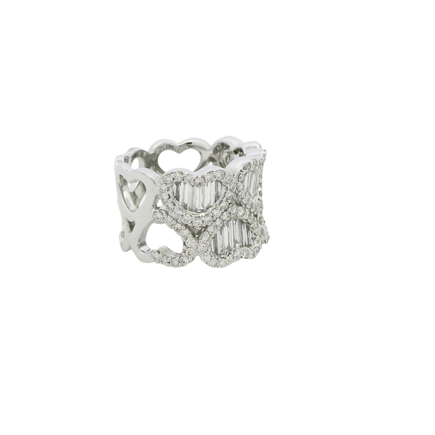 18K White Gold Natural Baguette & Round Brilliant Diamond Mosaic Heart Ring