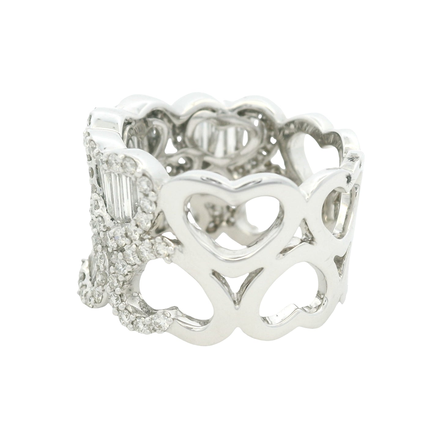 18K White Gold Natural Baguette & Round Brilliant Diamond Mosaic Heart Ring