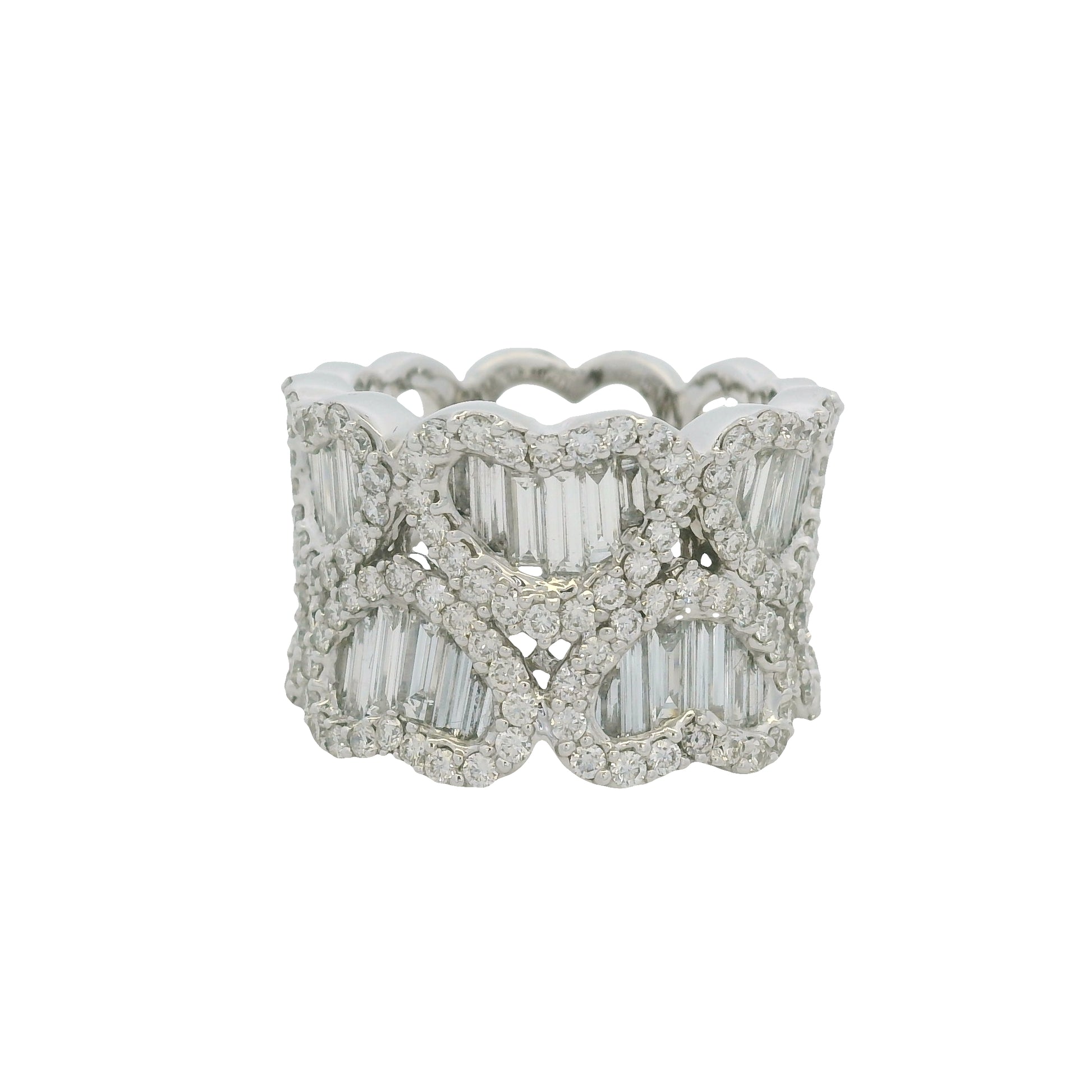 18K White Gold Natural Baguette & Round Brilliant Diamond Mosaic Heart Ring