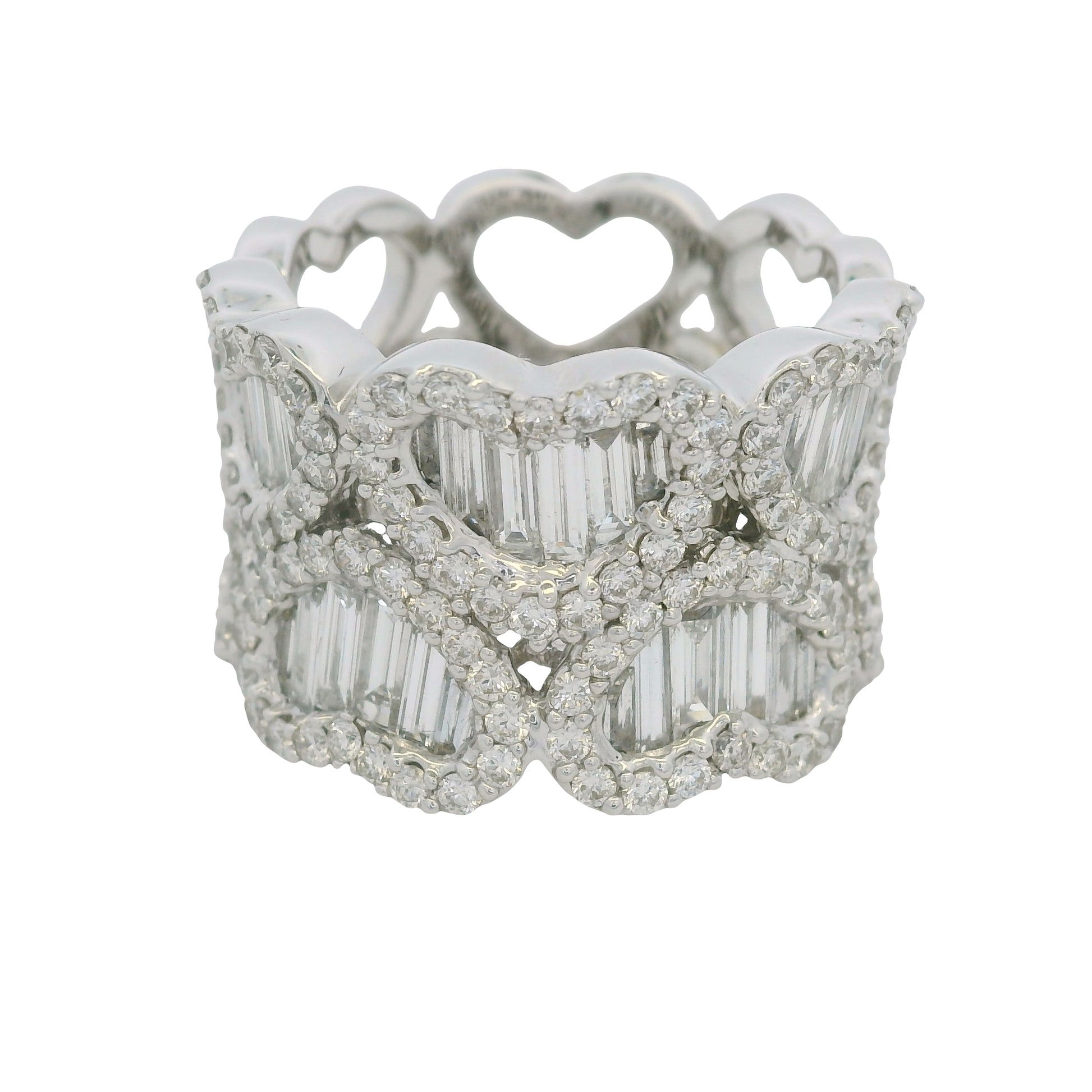 18K White Gold Natural Baguette & Round Brilliant Diamond Mosaic Heart Ring