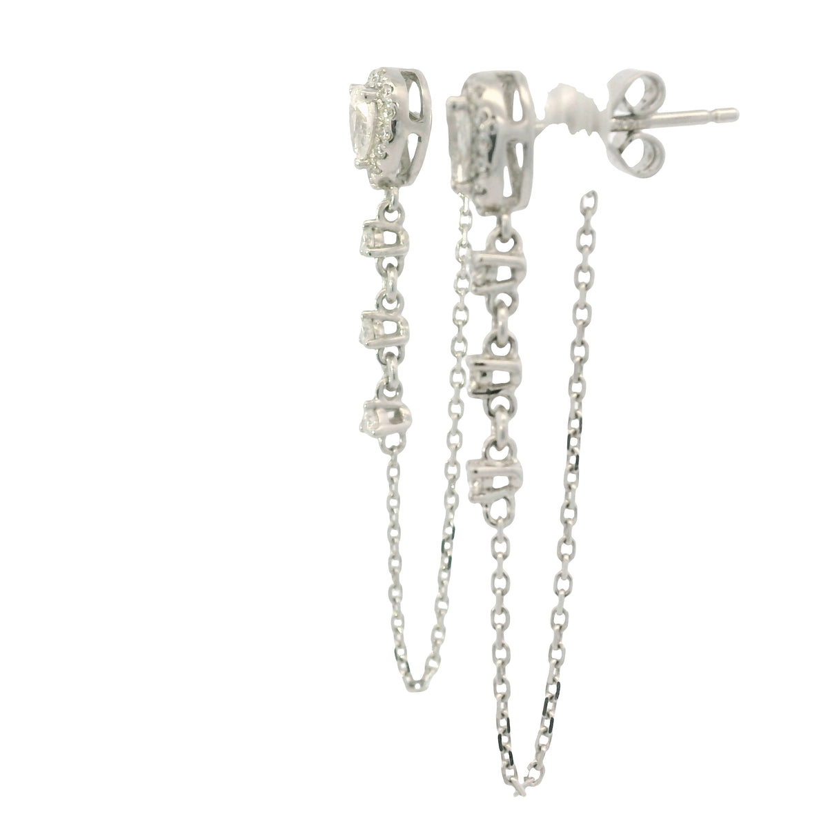 14K White Gold Natural Pear Shape & Round Brilliant Diamond Drop Chain Earrings — product photo 6