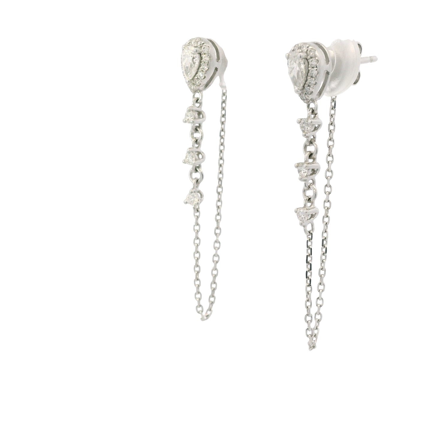 14K White Gold Natural Pear Shape & Round Brilliant Diamond Drop Chain Earrings