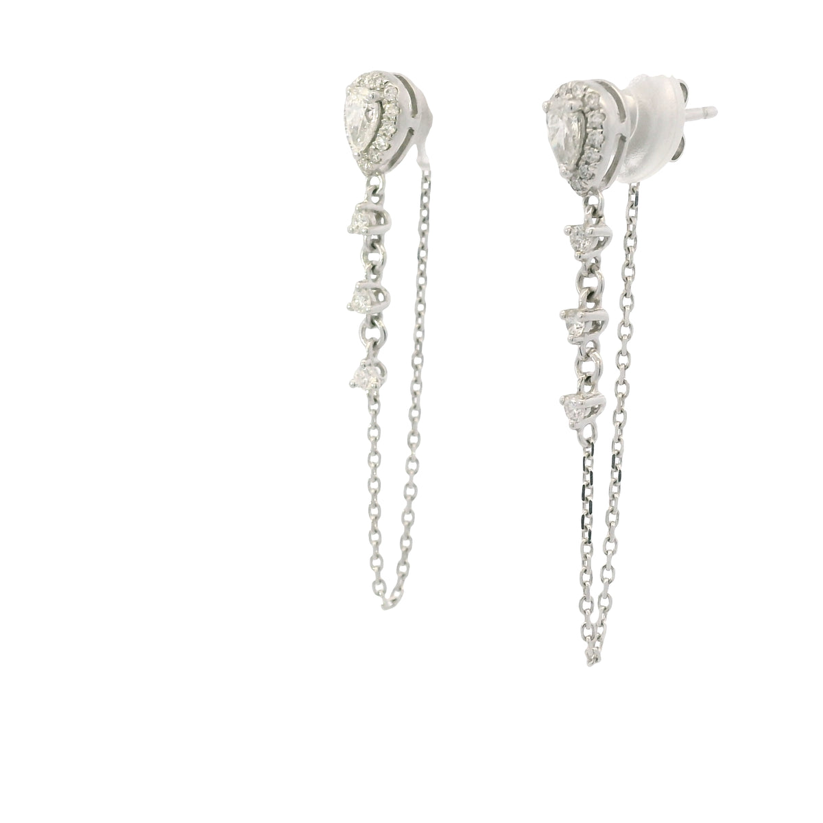 14K White Gold Natural Pear Shape & Round Brilliant Diamond Drop Chain Earrings — product photo 2