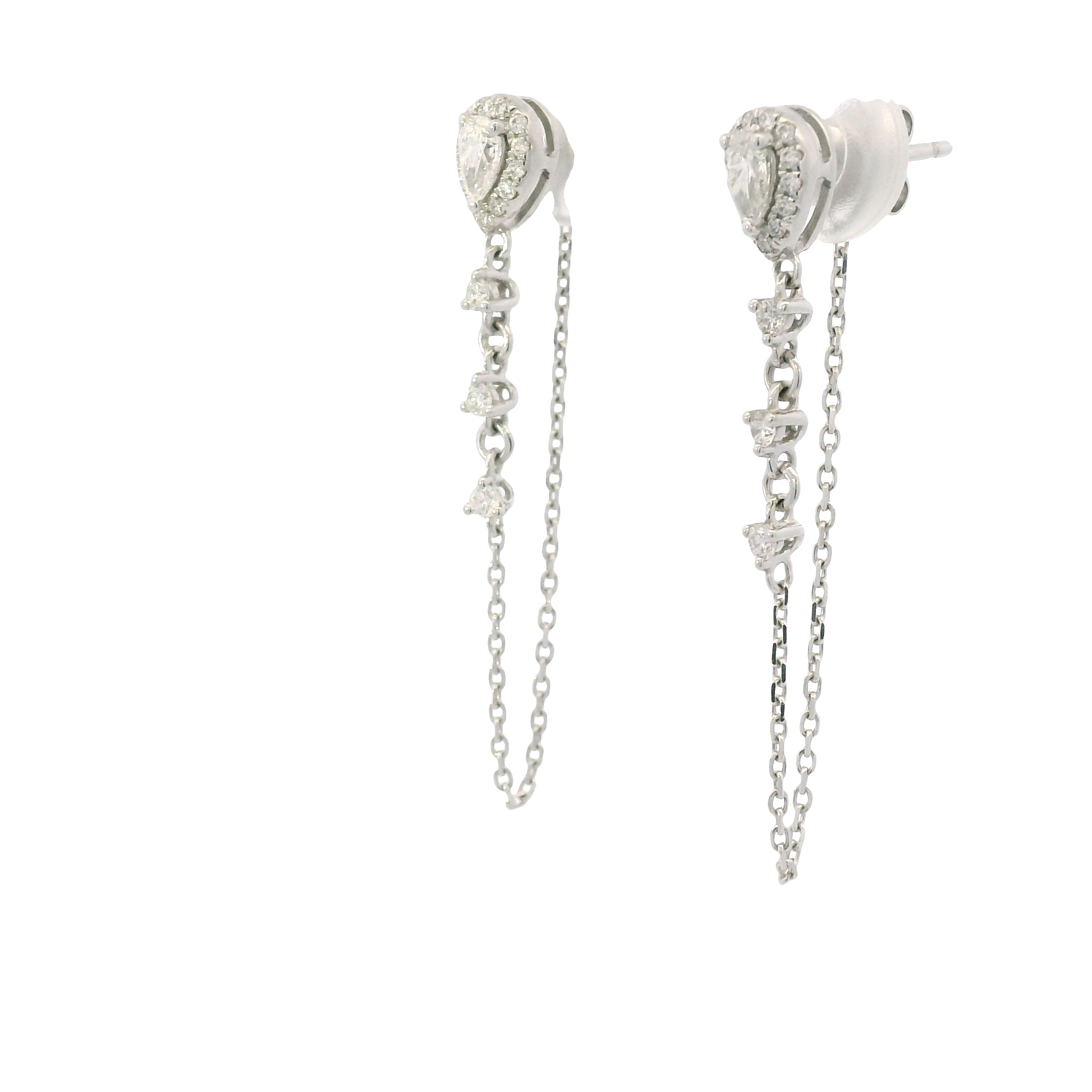 14K White Gold Natural Pear Shape & Round Brilliant Diamond Drop Chain Earrings