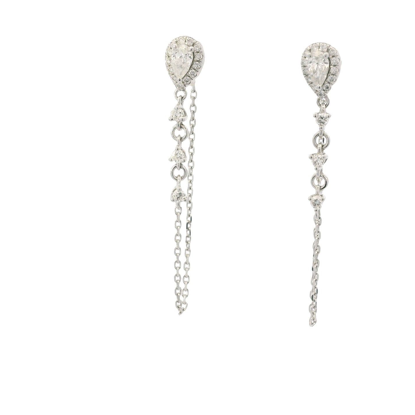 14K White Gold Natural Pear Shape & Round Brilliant Diamond Drop Chain Earrings