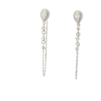14K White Gold Natural Pear Shape & Round Brilliant Diamond Drop Chain Earrings