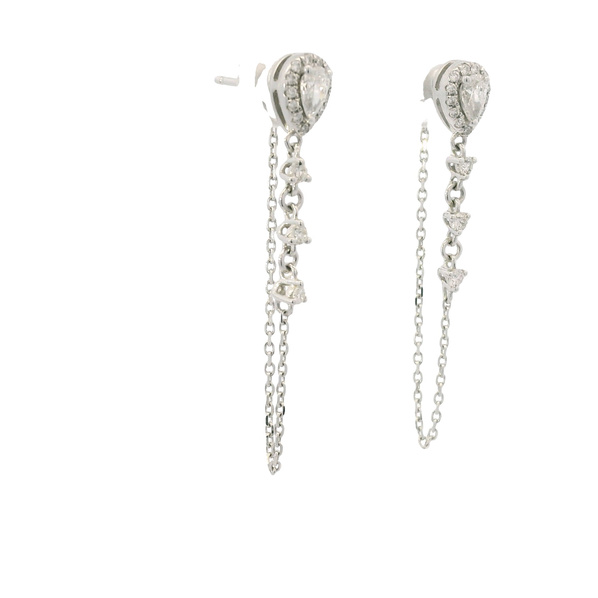 14K White Gold Natural Pear Shape & Round Brilliant Diamond Drop Chain Earrings — product photo 14
