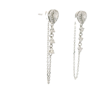 14K White Gold Natural Pear Shape & Round Brilliant Diamond Drop Chain Earrings