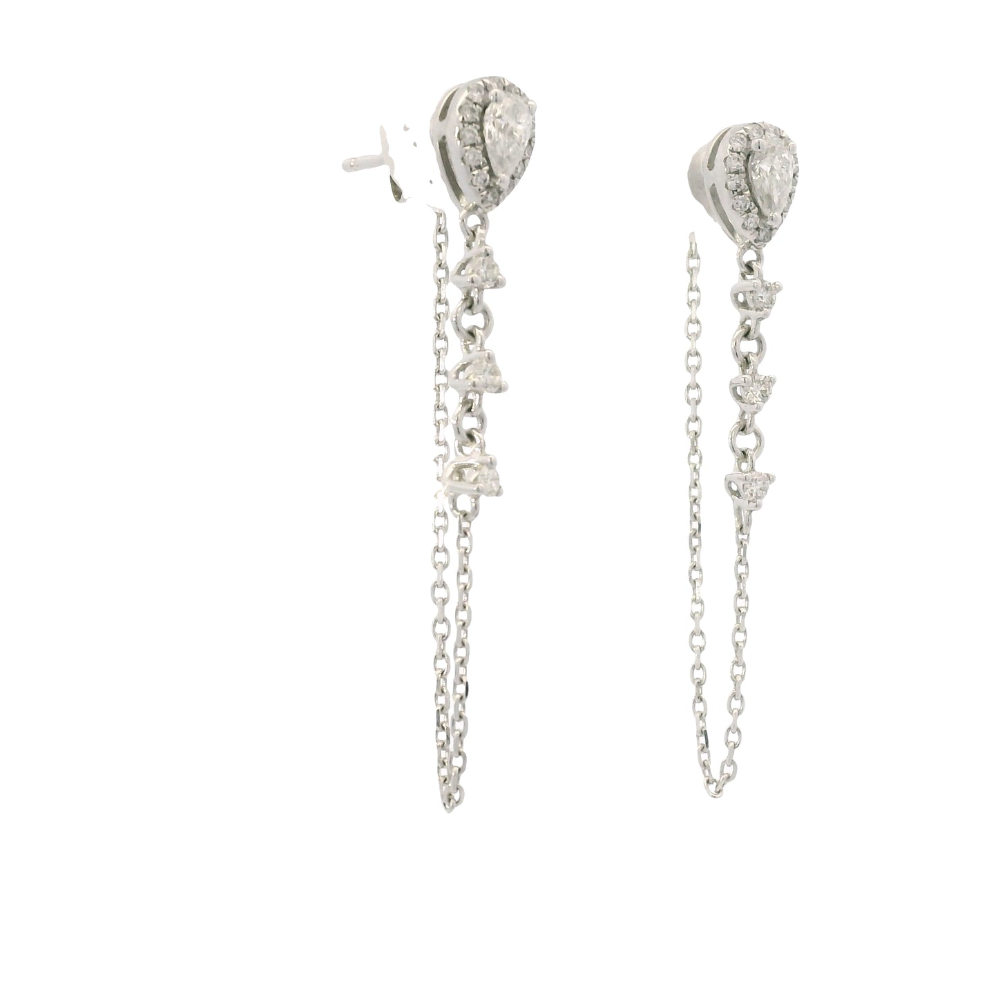 14K White Gold Natural Pear Shape & Round Brilliant Diamond Drop Chain Earrings