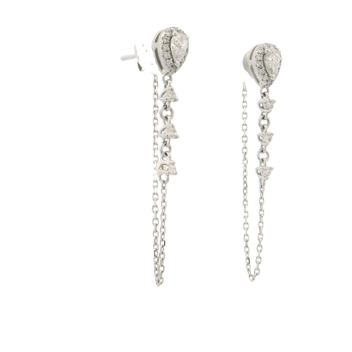 14K White Gold Natural Pear Shape & Round Brilliant Diamond Drop Chain Earrings — product photo 3