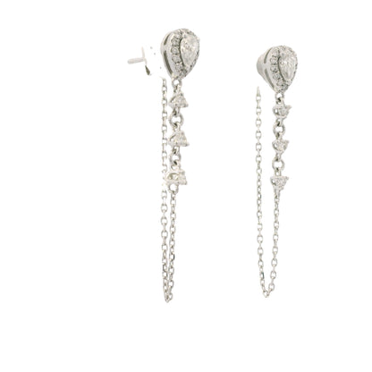 14K White Gold Natural Pear Shape & Round Brilliant Diamond Drop Chain Earrings