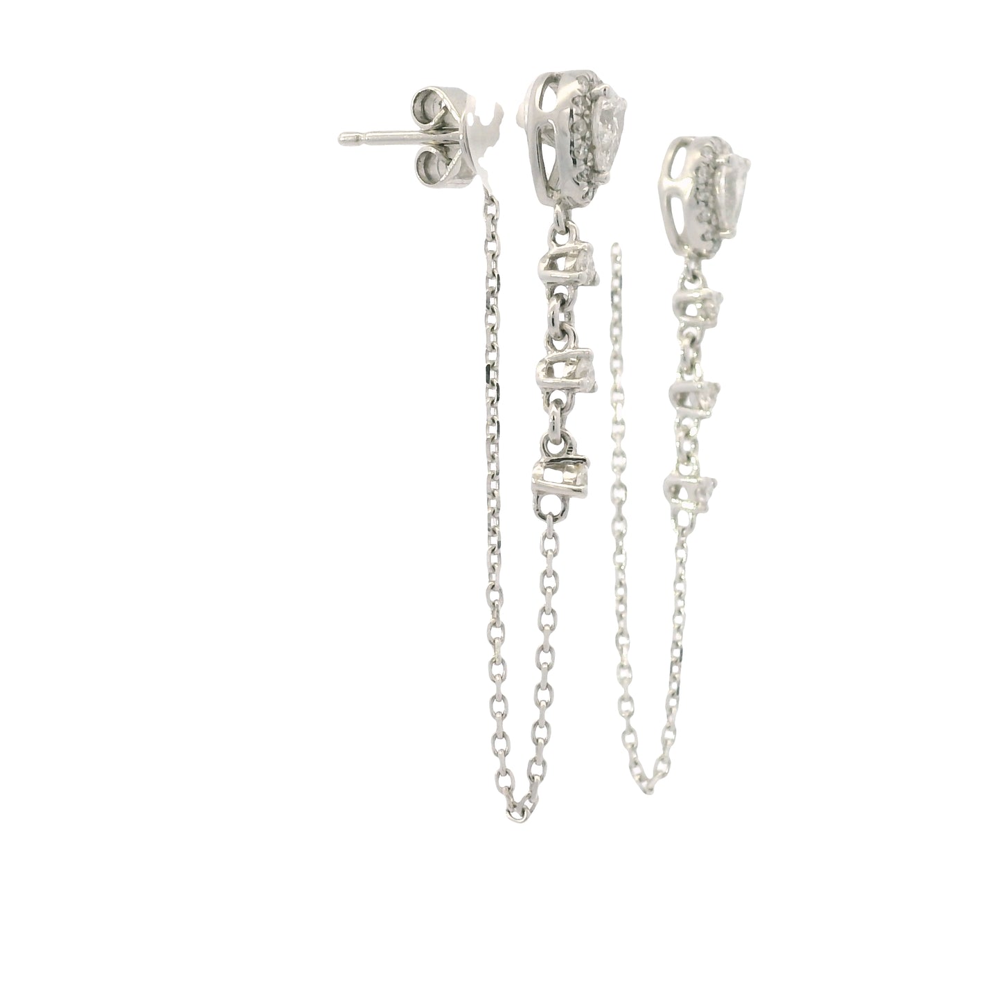 14K White Gold Natural Pear Shape & Round Brilliant Diamond Drop Chain Earrings