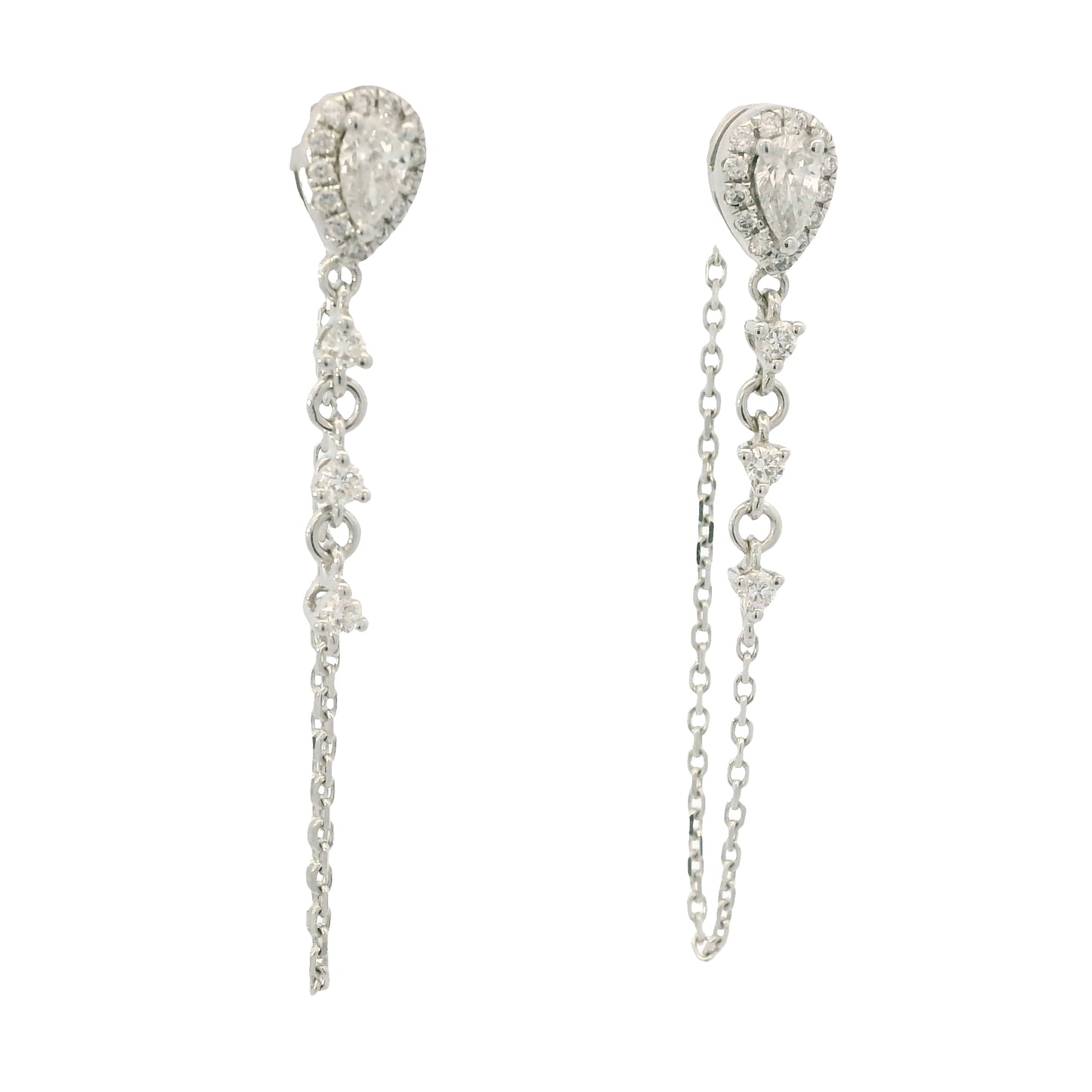 14K White Gold Natural Pear Shape & Round Brilliant Diamond Drop Chain Earrings