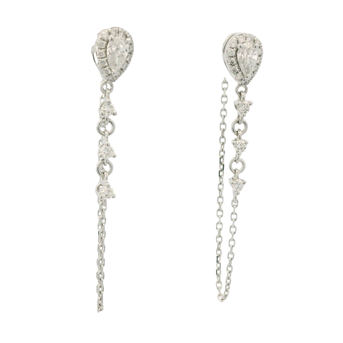 14K White Gold Natural Pear Shape & Round Brilliant Diamond Drop Chain Earrings — product photo 1