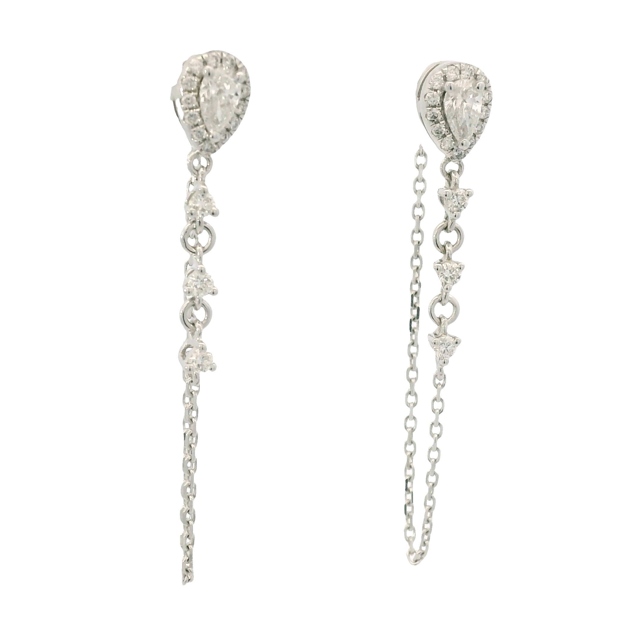 14K White Gold Natural Pear Shape & Round Brilliant Diamond Drop Chain Earrings