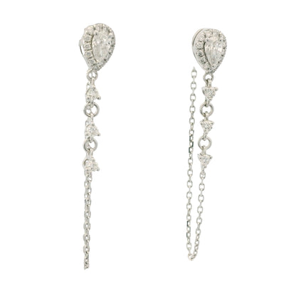 14K White Gold Natural Pear Shape & Round Brilliant Diamond Drop Chain Earrings