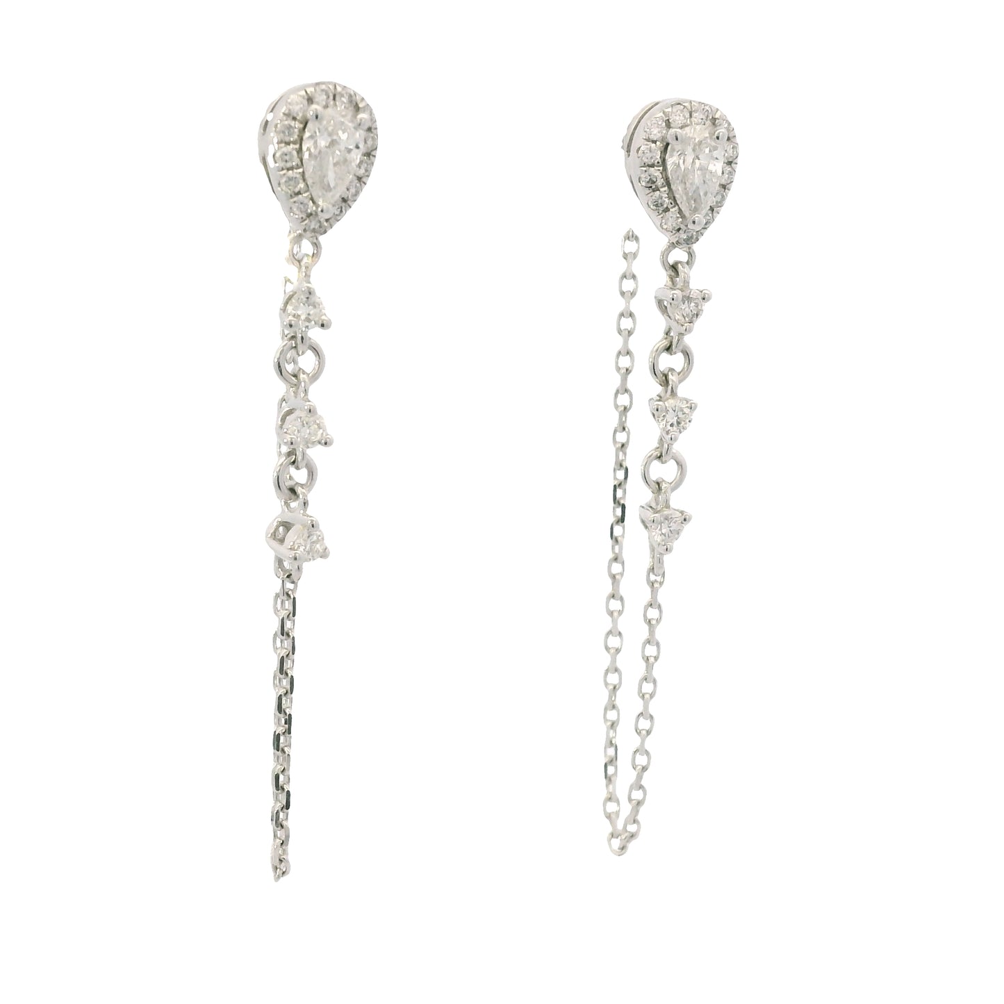 14K White Gold Natural Pear Shape & Round Brilliant Diamond Drop Chain Earrings