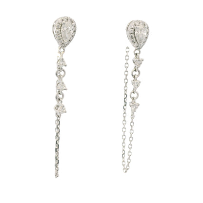 14K White Gold Natural Pear Shape & Round Brilliant Diamond Drop Chain Earrings