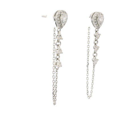 14K White Gold Natural Pear Shape & Round Brilliant Diamond Drop Chain Earrings
