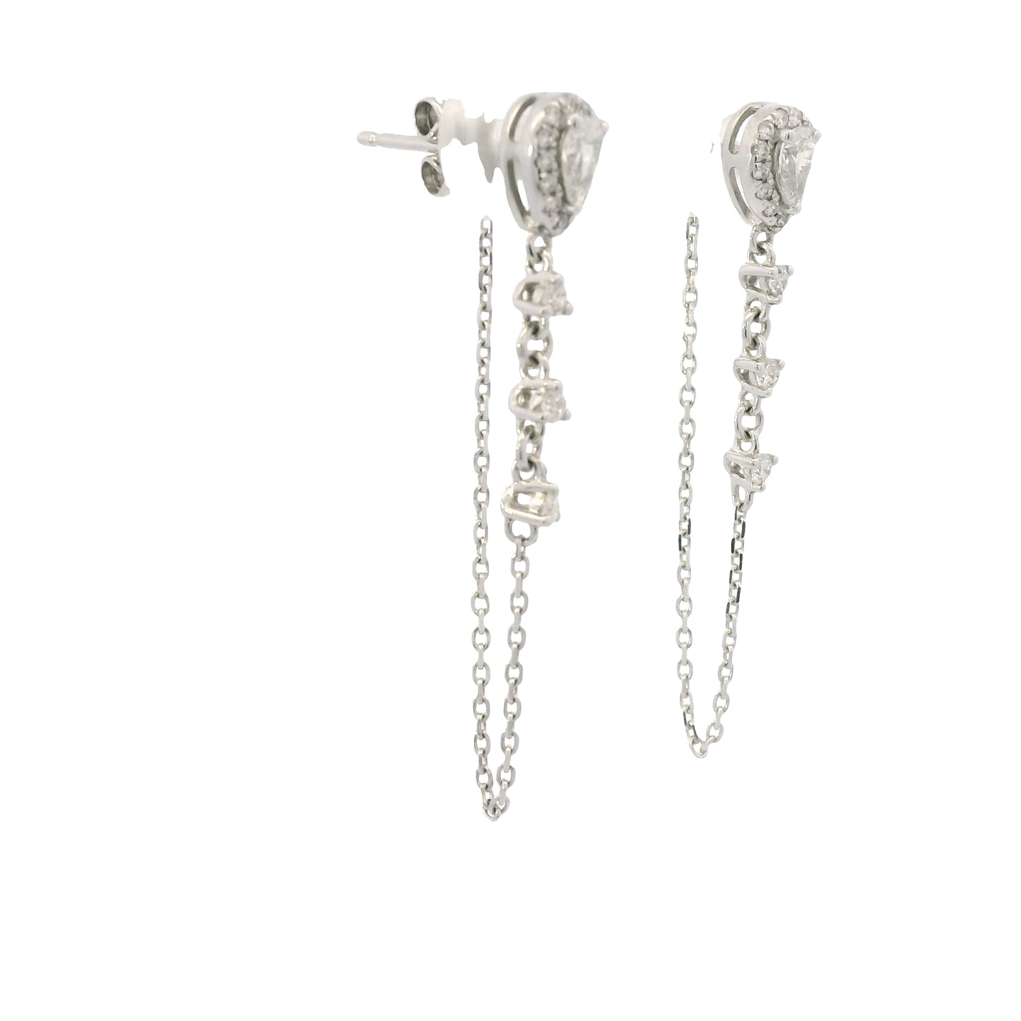 14K White Gold Natural Pear Shape & Round Brilliant Diamond Drop Chain Earrings