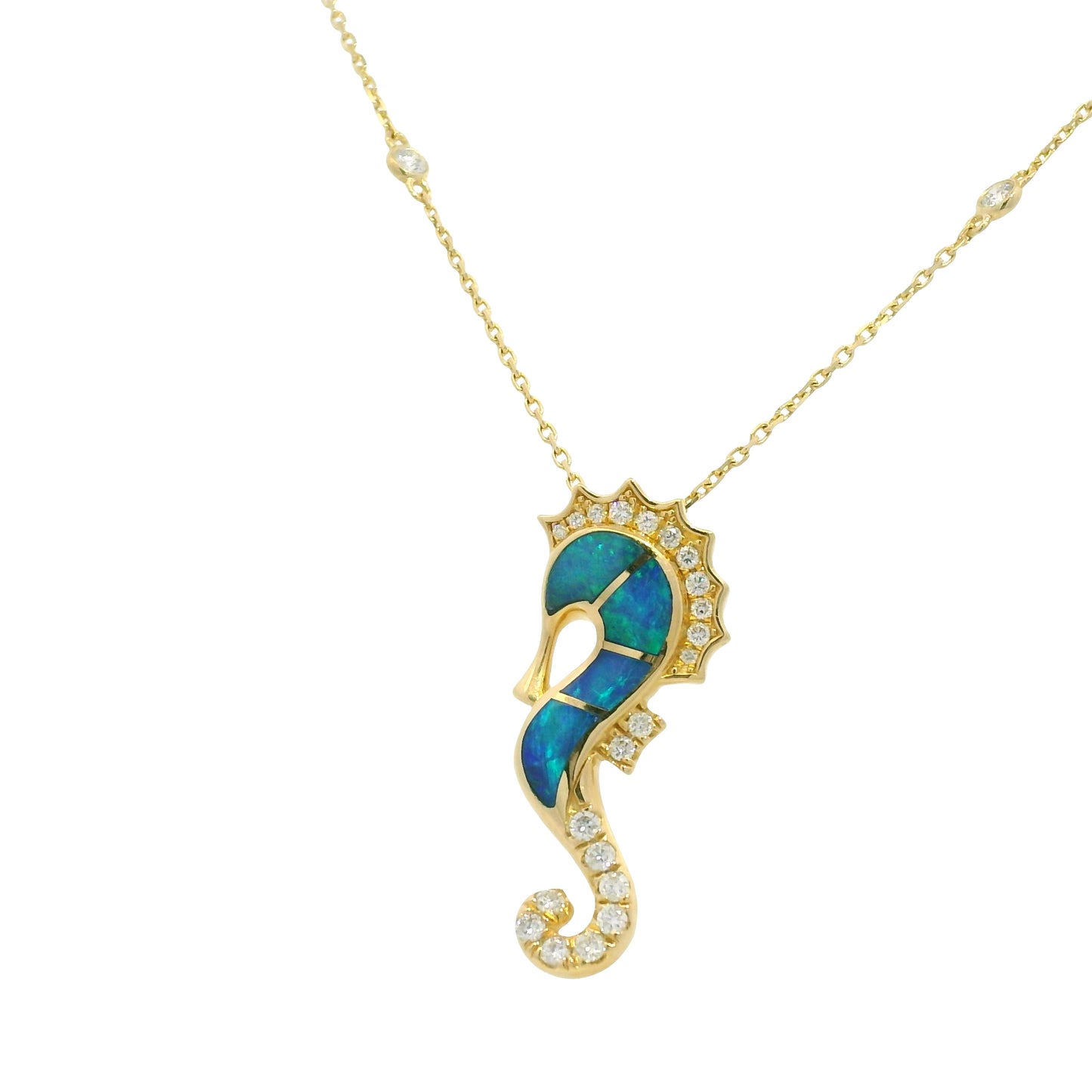 14K Yellow Gold Opal & Diamond Seahorse Pendant Diamonds By The Yard Necklace