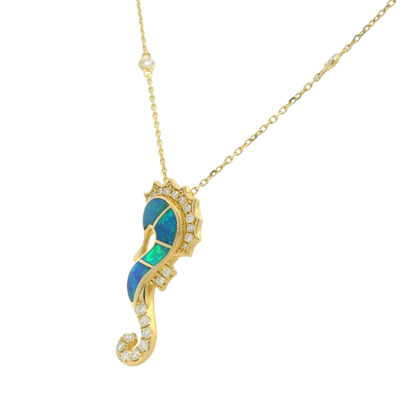 14K Yellow Gold Opal & Diamond Seahorse Pendant Diamonds By The Yard Necklace