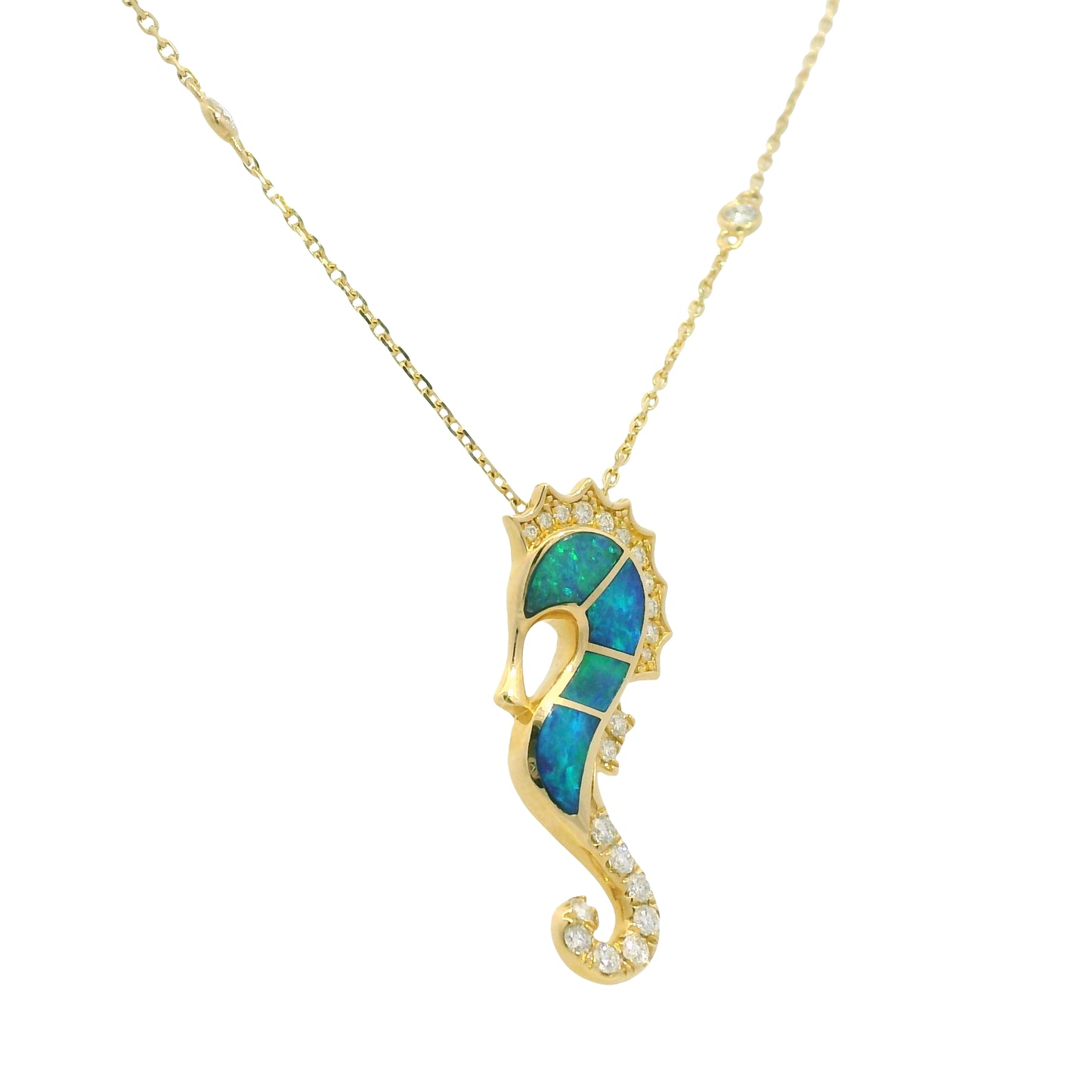 14K Yellow Gold Opal & Diamond Seahorse Pendant Diamonds By The Yard Necklace