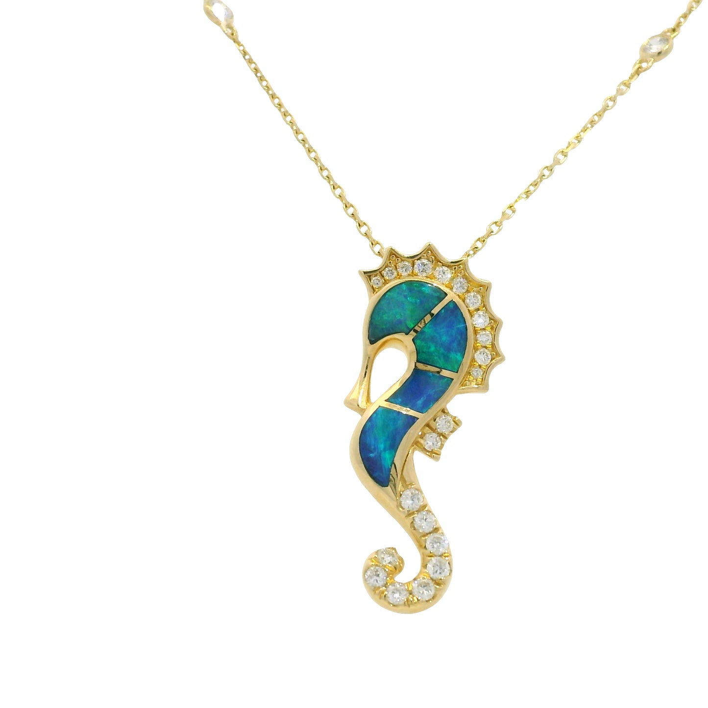 14K Yellow Gold Opal & Diamond Seahorse Pendant Diamonds By The Yard Necklace