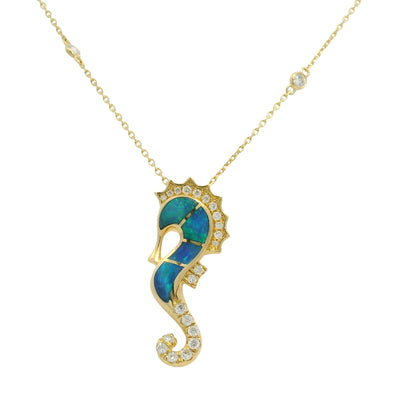 14K Yellow Gold Opal & Diamond Seahorse Pendant Diamonds By The Yard Necklace