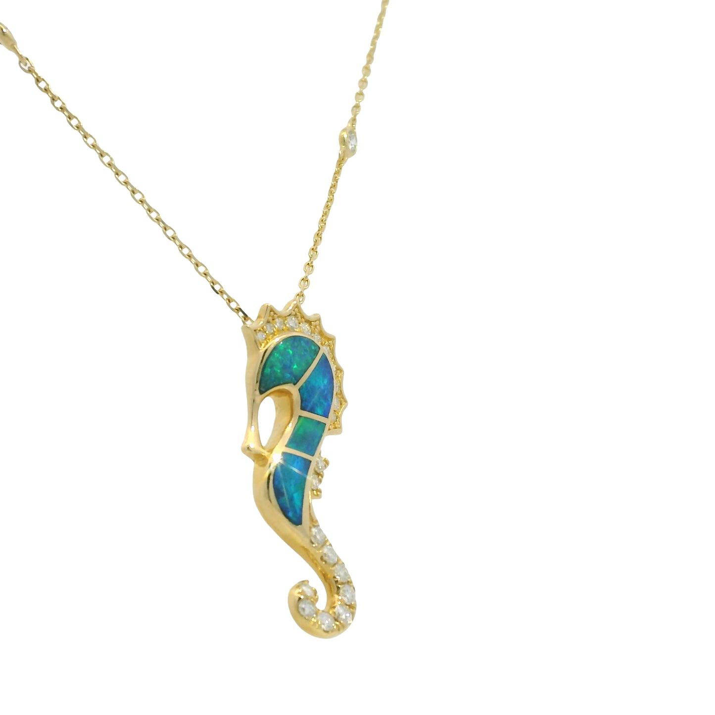 14K Yellow Gold Opal & Diamond Seahorse Pendant Diamonds By The Yard Necklace