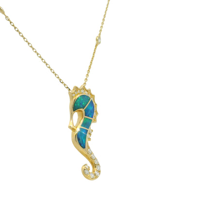 14K Yellow Gold Opal & Diamond Seahorse Pendant Diamonds By The Yard Necklace