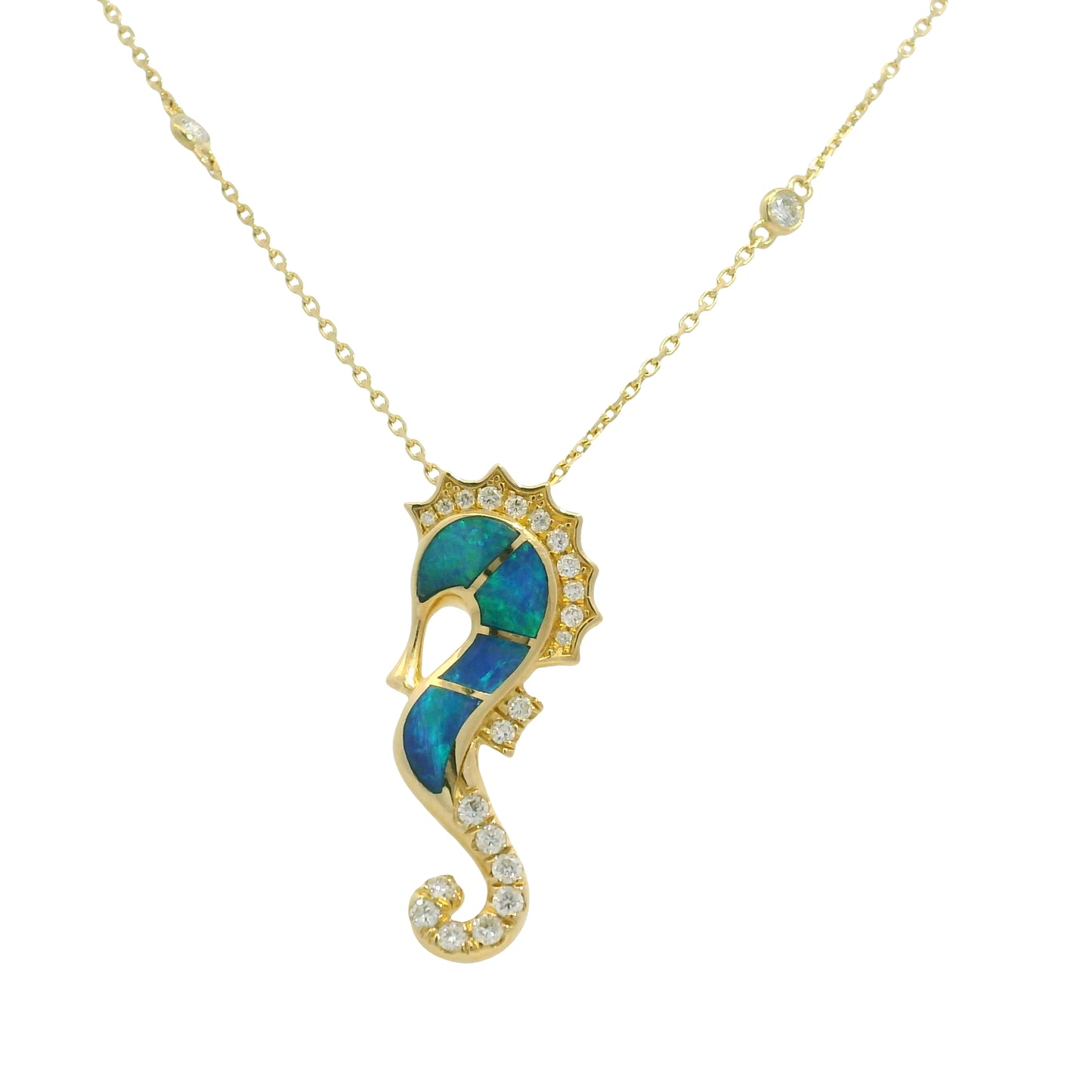 14K Yellow Gold Opal & Diamond Seahorse Pendant Diamonds By The Yard Necklace