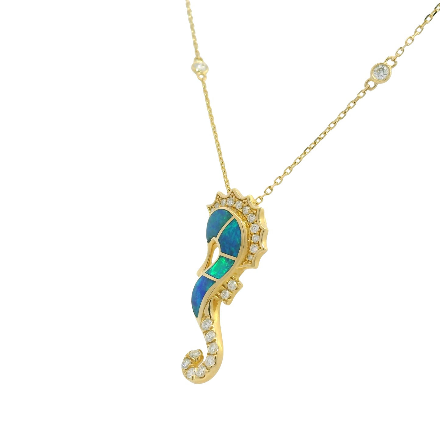 14K Yellow Gold Opal & Diamond Seahorse Pendant Diamonds By The Yard Necklace