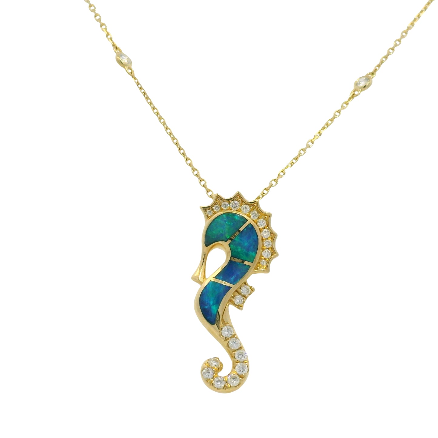 14K Yellow Gold Opal & Diamond Seahorse Pendant Diamonds By The Yard Necklace