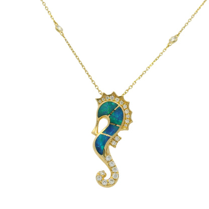 14K Yellow Gold Opal & Diamond Seahorse Pendant Diamonds By The Yard Necklace